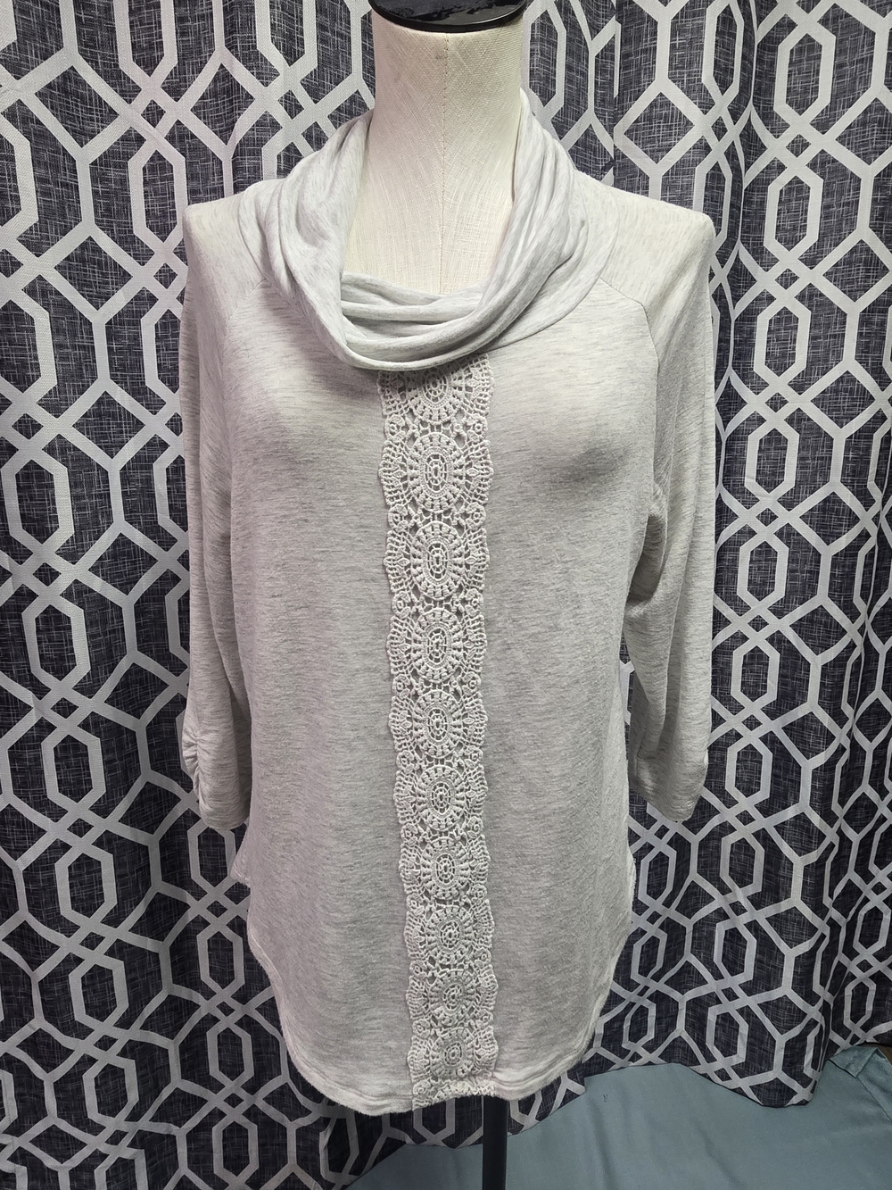 Light Gray Crochet-Trim Cowl Neck Top
